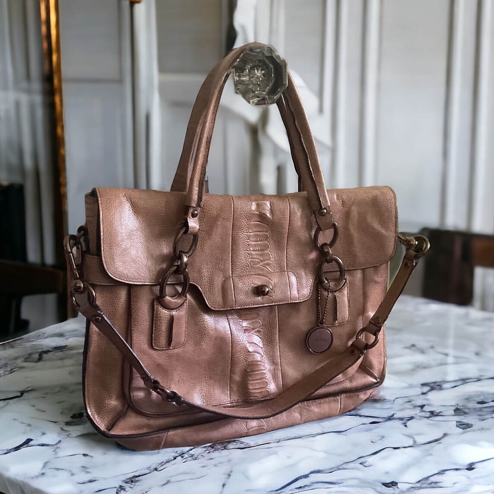 COACH *KRISTIN* LTD ED OSTRICH LARGE FLAP SATCHEL BAG w/ CROSSBODY IN TAN 👜 - Picture 2 of 8